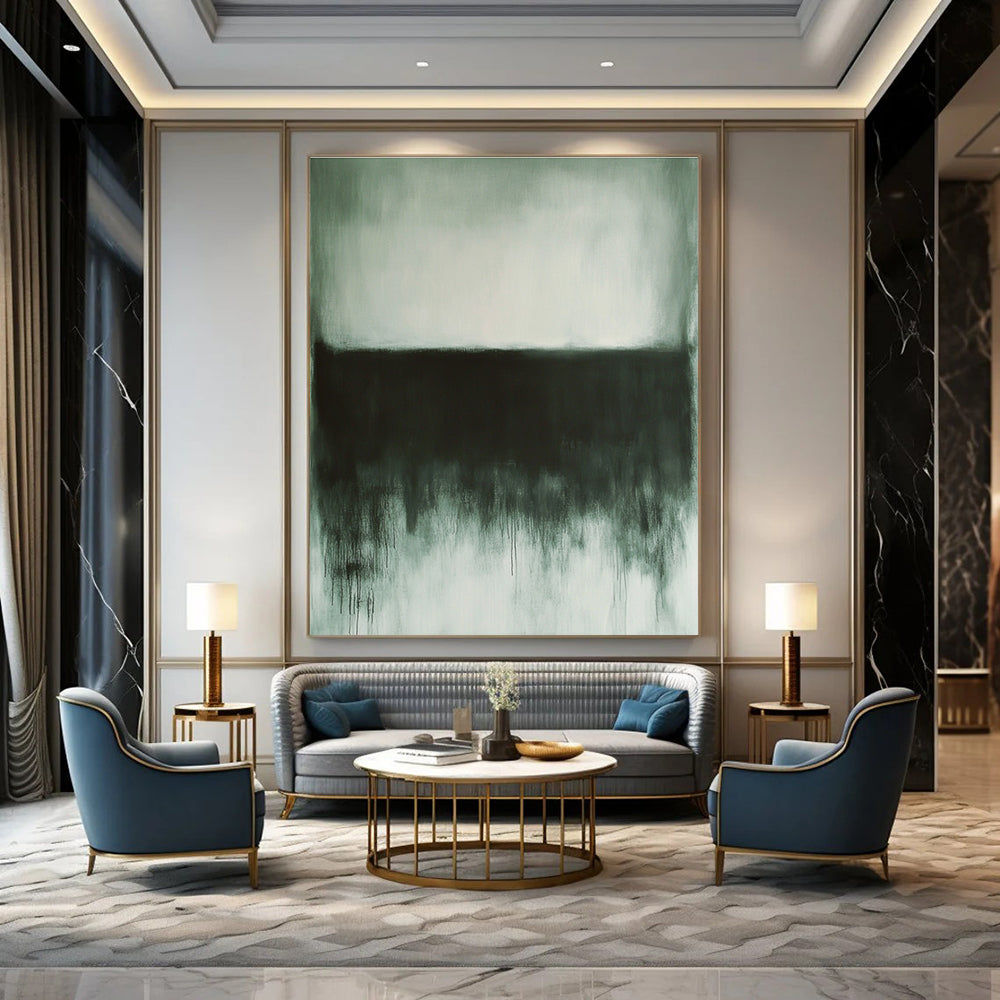 Large abstract painting in gray and white tones evoking calmness with dark gray and light green elements and textured details in the corner.STSC757