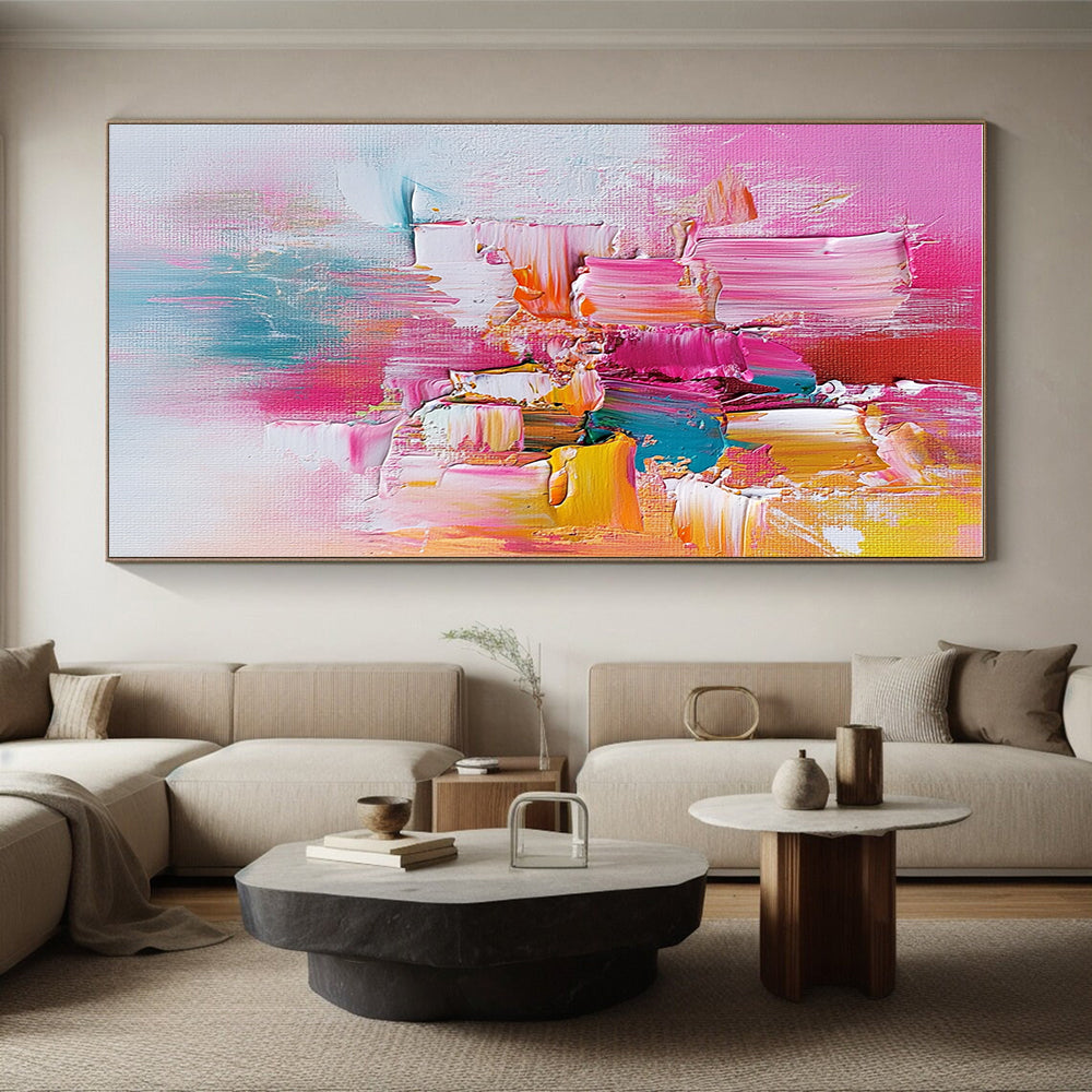 Pink Orange and Teal Abstract Painting with Textured Patches GER487