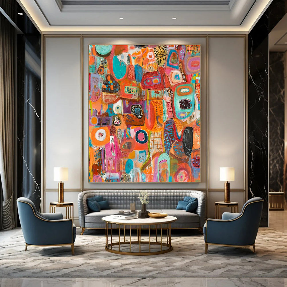 A large abstract painting bursting with vibrant colors and intricate layers, featuring diverse shapes, symbols, and musical notes in a chaotic yet harmonious composition.STSC1221