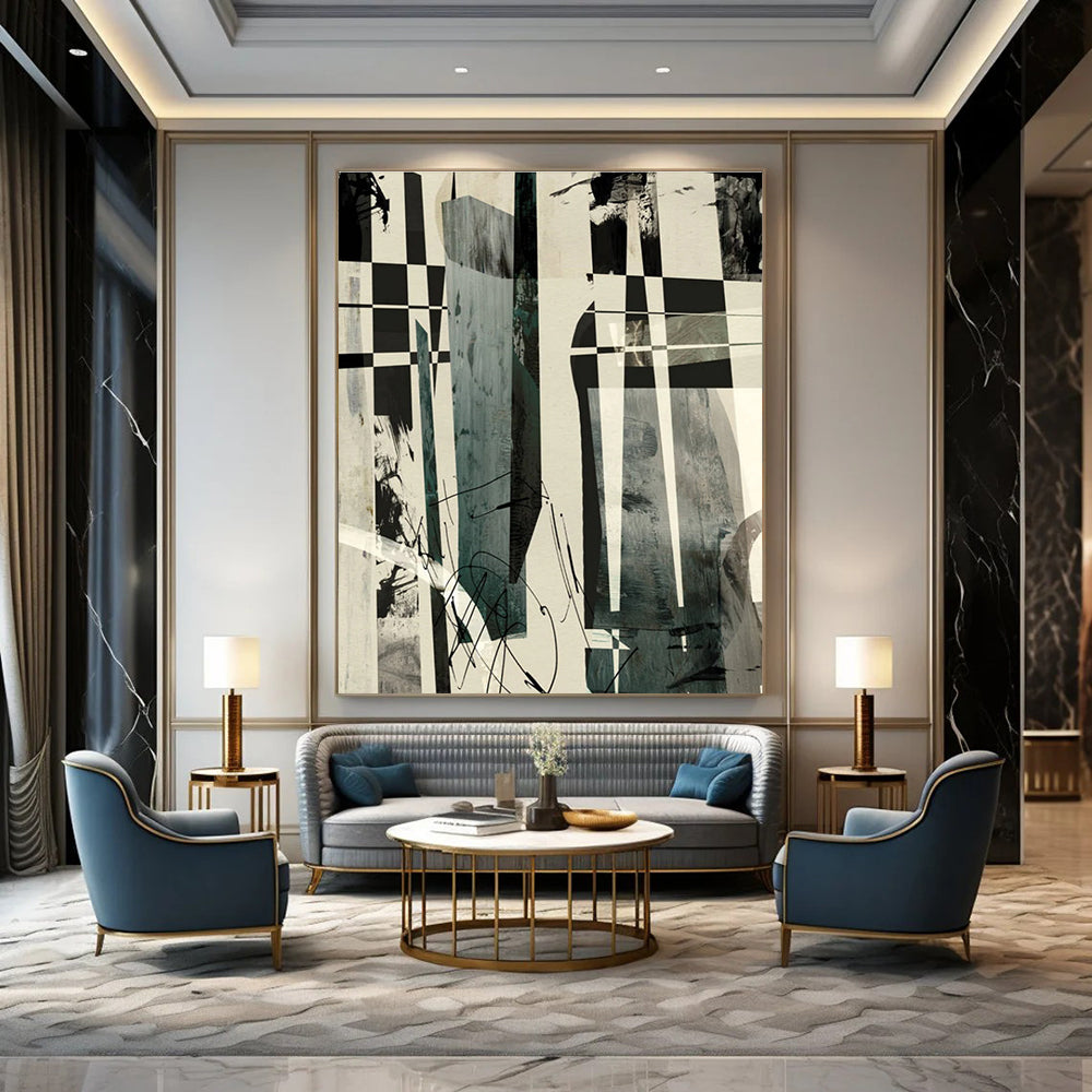 Checkered Abstract with Mixed Media and Dynamic Marks Painting ADGE218