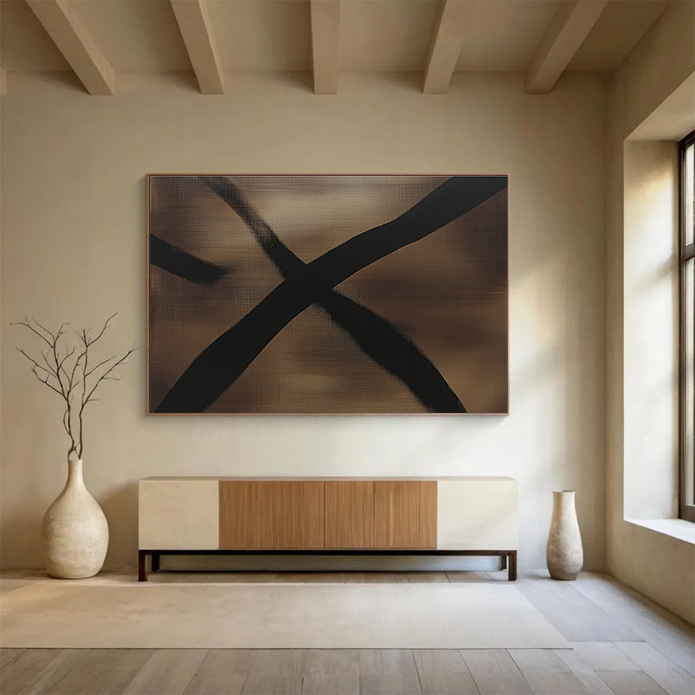 An abstract painting featuring dark brown and black lines with dragonfly wing shadows, minimalist style, monochromatic color scheme, oil painting effect.SC349