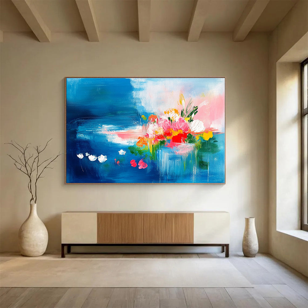 Abstract painting featuring vibrant pink and turquoise flowers on a blue background with green leaves and bright clouds, creating a joyful and dynamic atmosphere.SC235
