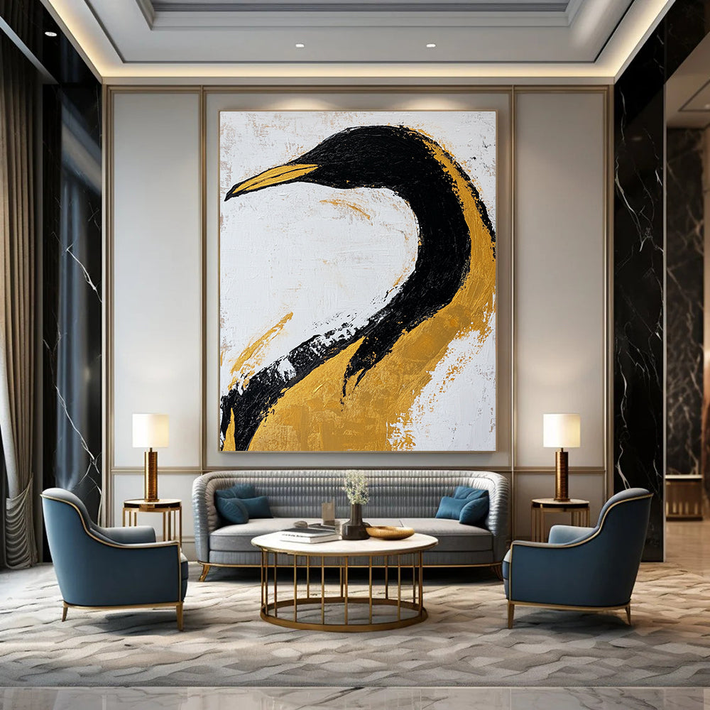 Large abstract art painting featuring a black and gold penguin on textured paper with gold leaf accents against a white background.STSC011