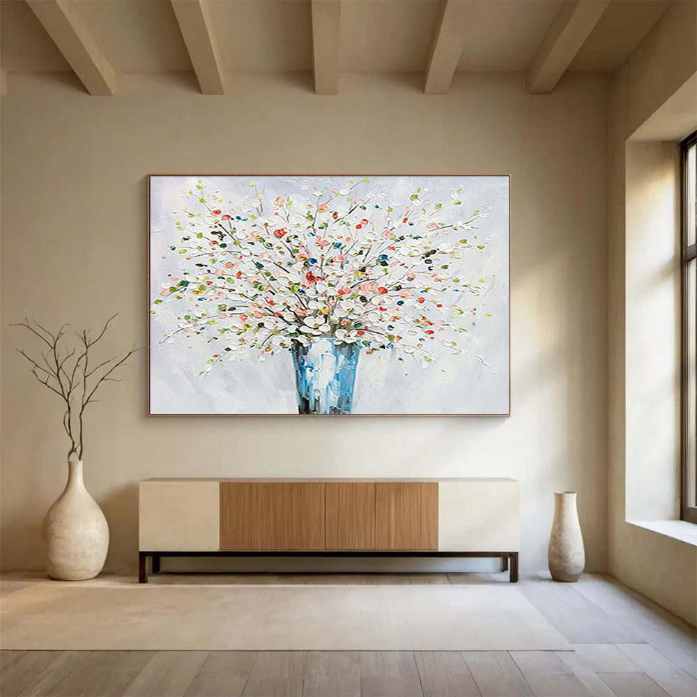 White Flower Vase Abstract Painting with Colorful Accents THY220