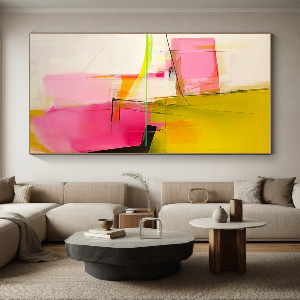 Pink and Yellow Abstract Painting with Geometric Elements GER629