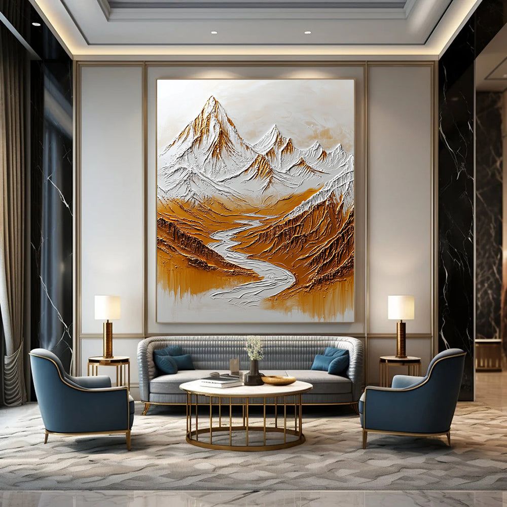 Large abstract painting of the Himalayas featuring snow-capped peaks and flowing rivers in warm tones for added depth and texture on a white background.STSC003
