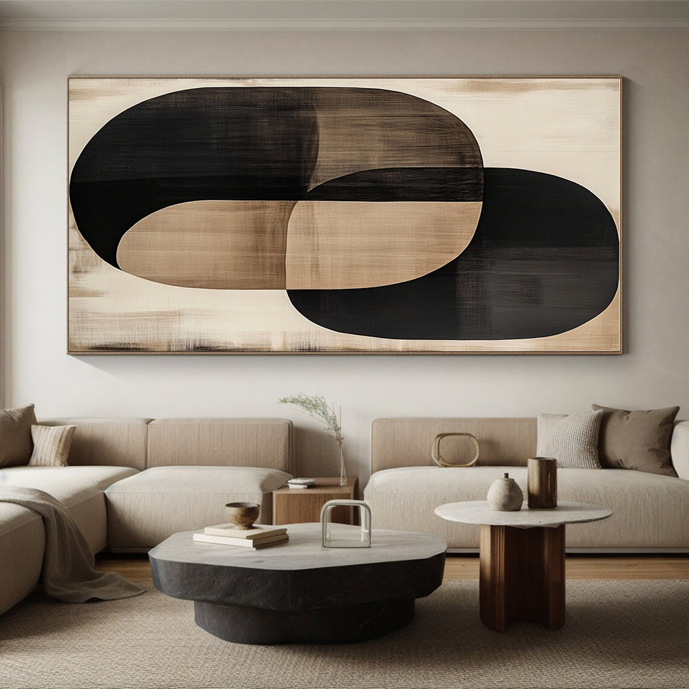 Overlapping Black and Beige Oval Abstract Art GER244