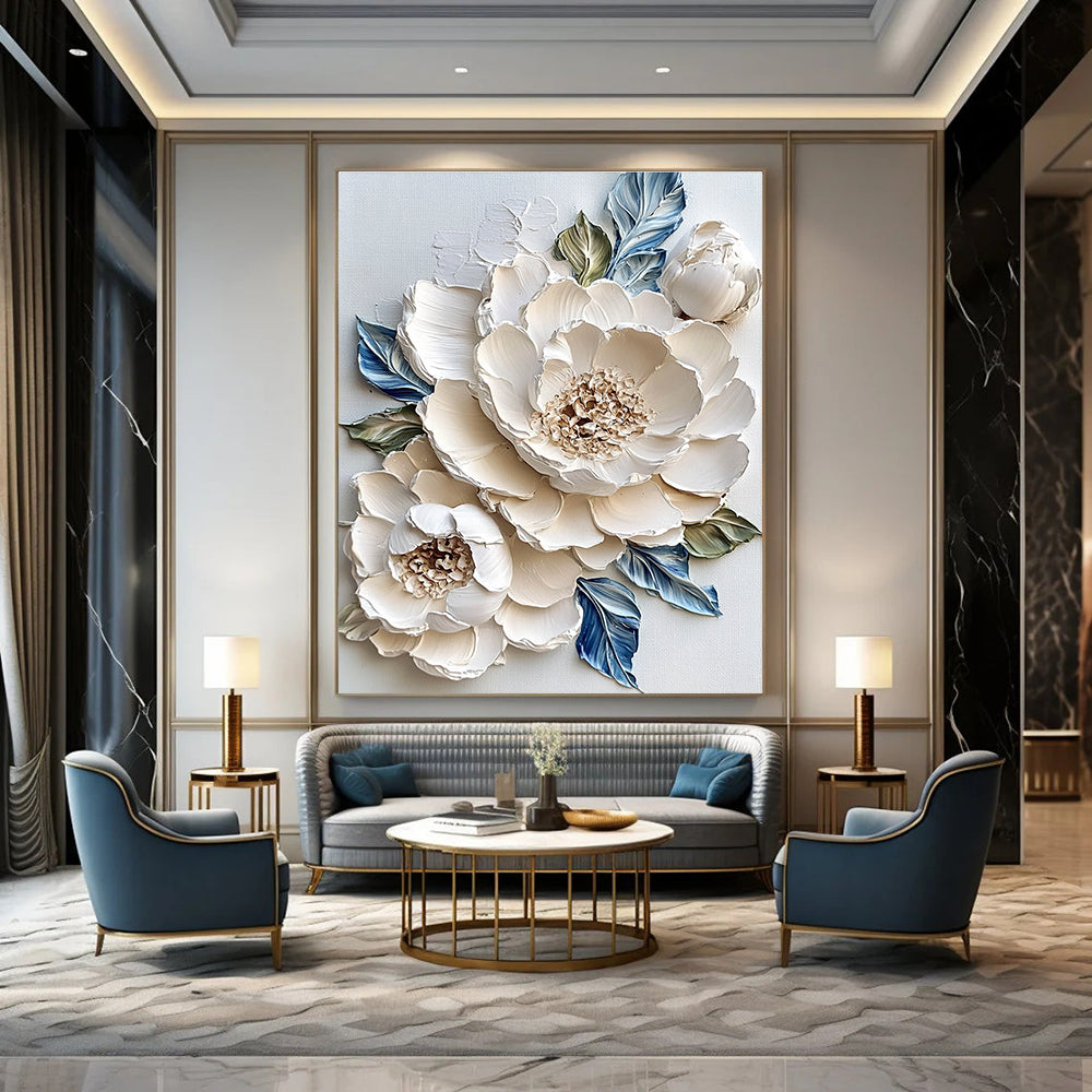 Large abstract painting of white peonies with impasto textures surrounded by blue and green leaves on a white background.STSC366
