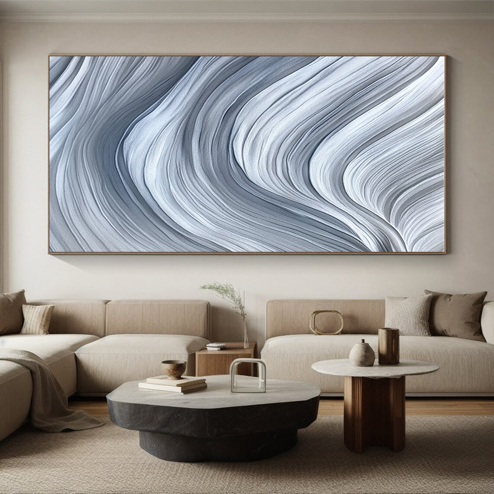 Gray and White Wave Abstract Painting with Flowing Textures GER075