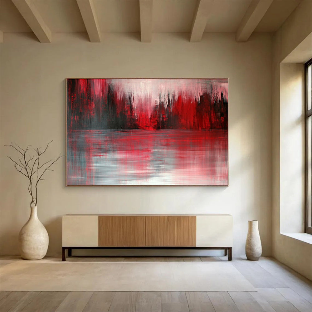 Red and Gray Forest Reflection Abstract Painting with Dramatic Hues DYP331