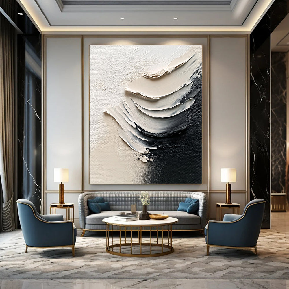 Large abstract painting featuring white paint and black brushstrokes in a minimalist style with delicate details and high-definition photography.STSC1485