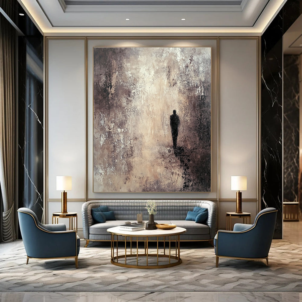 Large abstract painting featuring deep layers textured in brown and gray tones with a mysterious dark figure amidst an exquisite atmospheric backdrop.STSC206