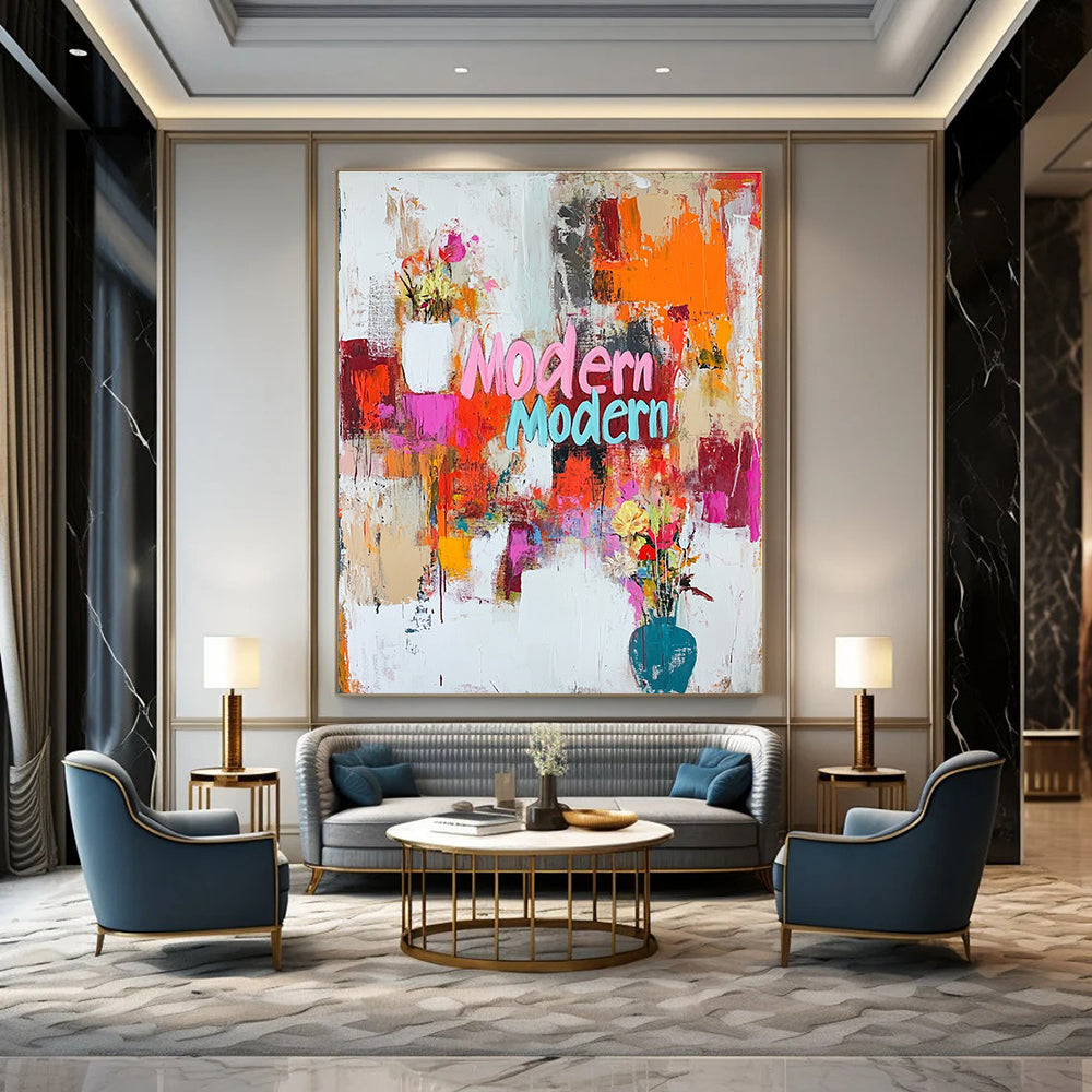 A large abstract painting featuring vibrant "Modern Modern" text in dynamic colors with energetic brush strokes and splashes creating a joyful composition.STSC1024