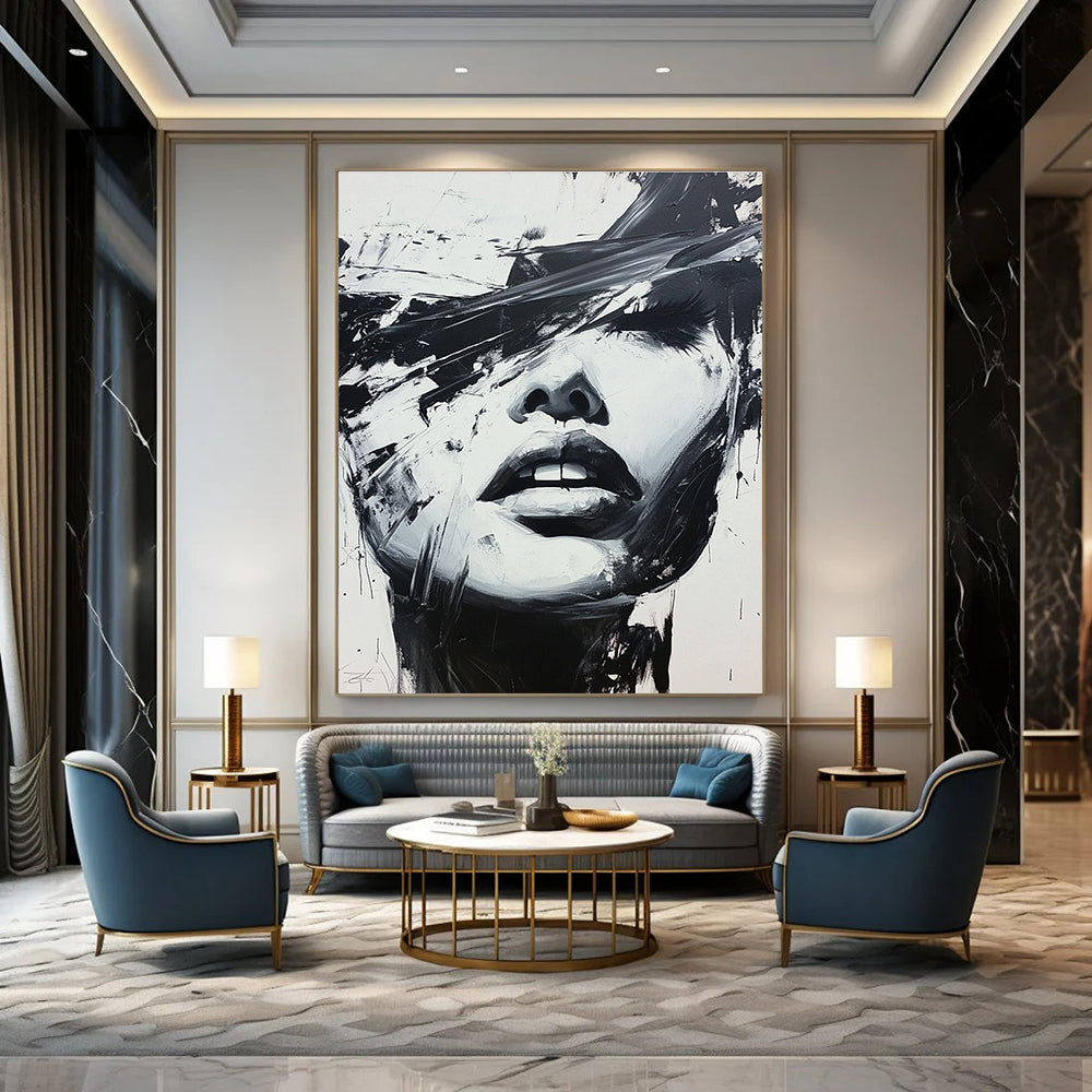 Large abstract black and white painting of a woman's face featuring expressive oil paint splatters in a dynamic graffiti style.STSC023