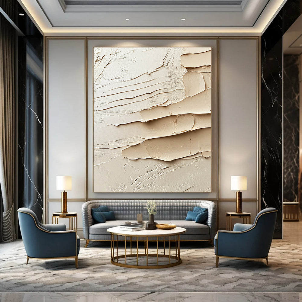 Large abstract painting showcasing soft clay textures in shades of beige and cream with sculptural potential reflecting Abstract Expressionism.STSC1284