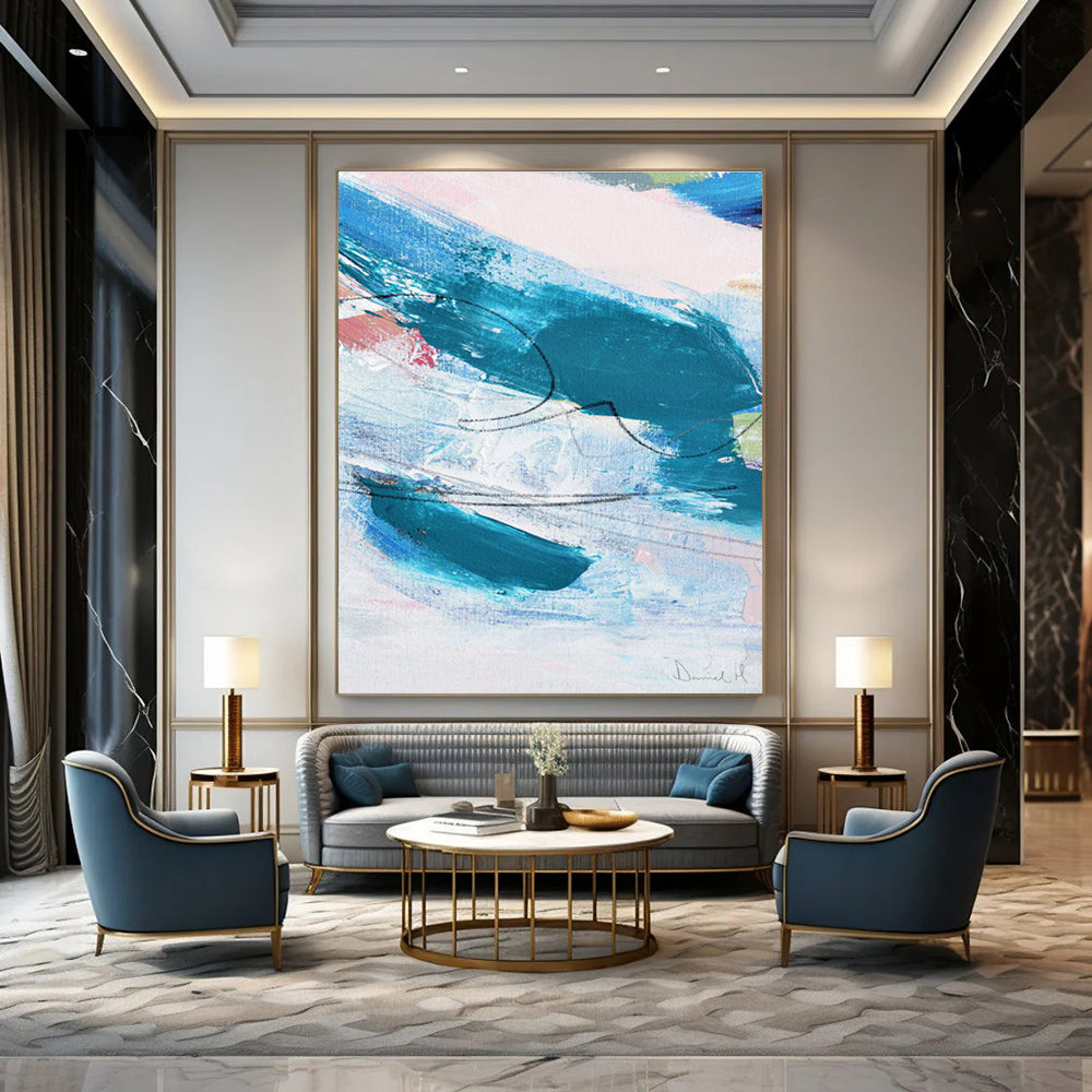 Dynamic Color Swirls in Teal and Pink Abstract Painting ADGE151