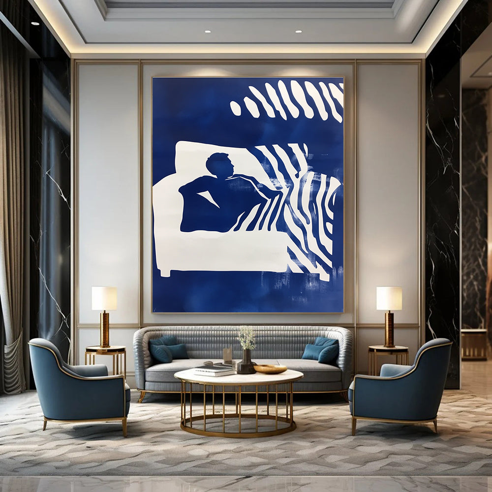 Abstract art featuring a man on a couch with blue and white stencil print and a zebra pattern background in a striking double exposure effect.STSC1210