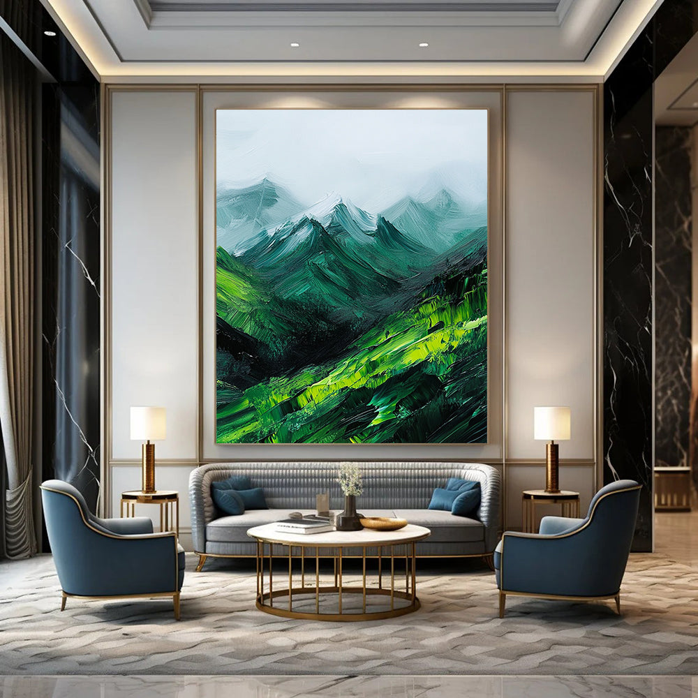 Large abstract oil painting featuring green mountains enveloped in fog with expressive impasto brush strokes.STSC592