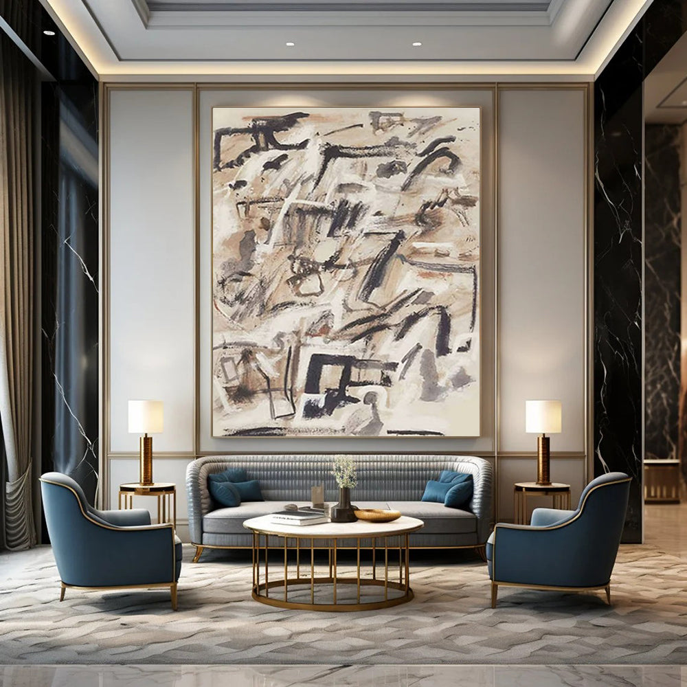 Dynamic Black and Beige Abstract Painting with Energetic Brushstrokes ADGE143
