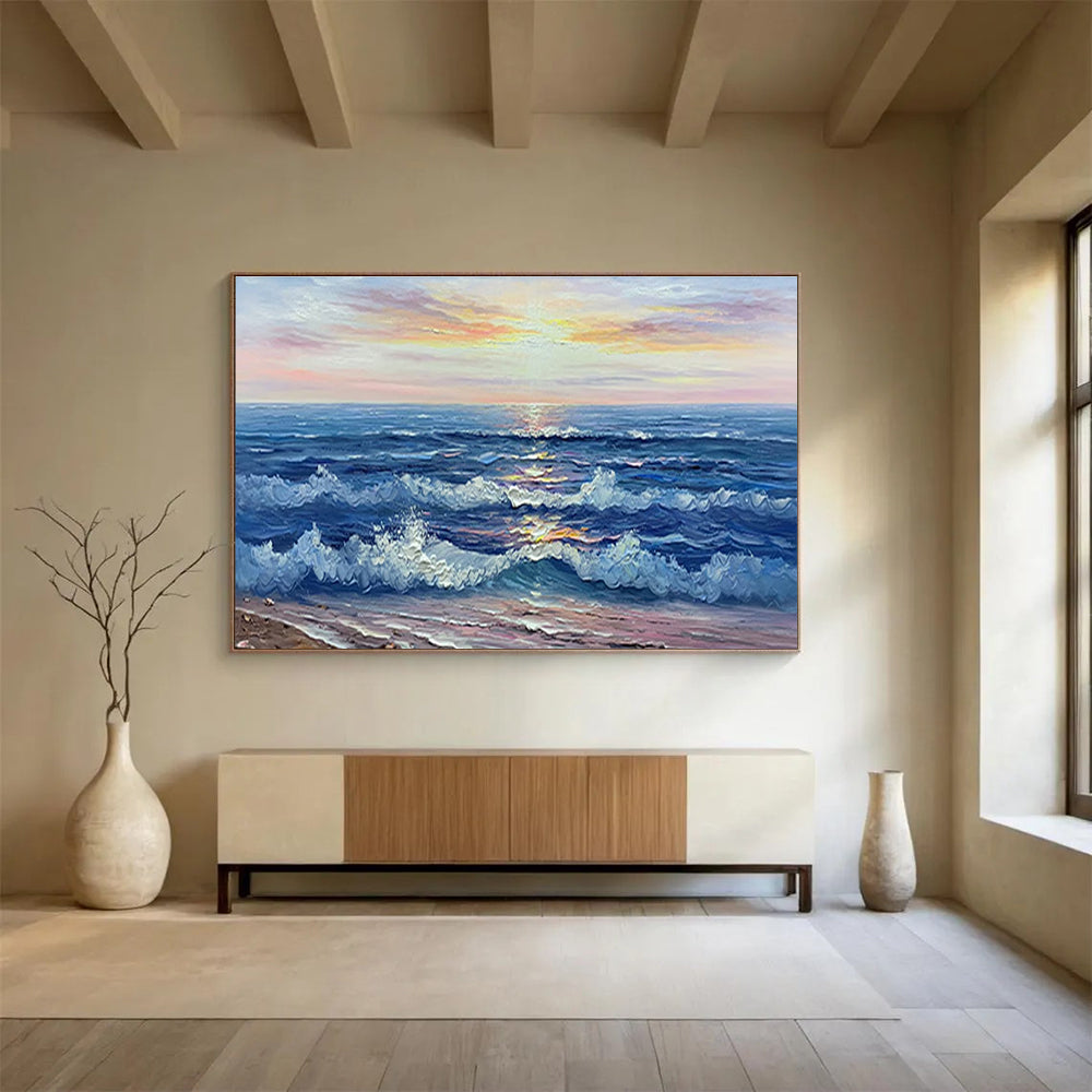 Sunset Sea Abstract Painting with Blue, Orange, and Pink Tones THY218