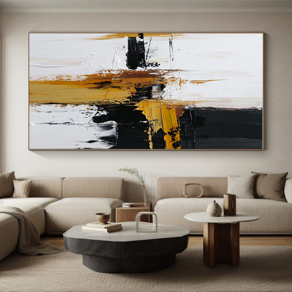 Black White and Gold Abstract Painting with Dynamic Strokes GER483