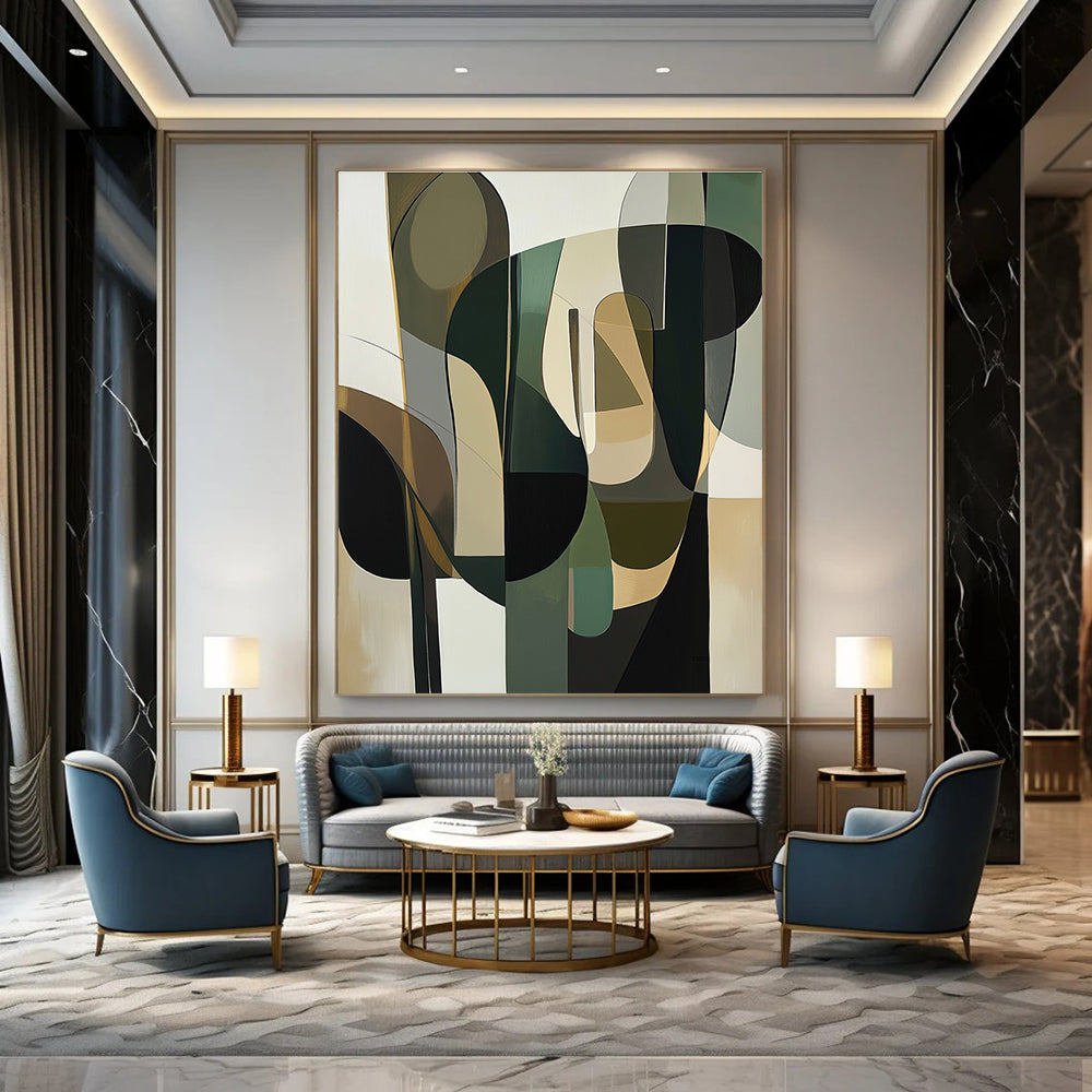 Large abstract painting featuring organic shapes in green beige and white with hints of navy blue and mustard yellow, evoking depth and human-like forms.STSC794