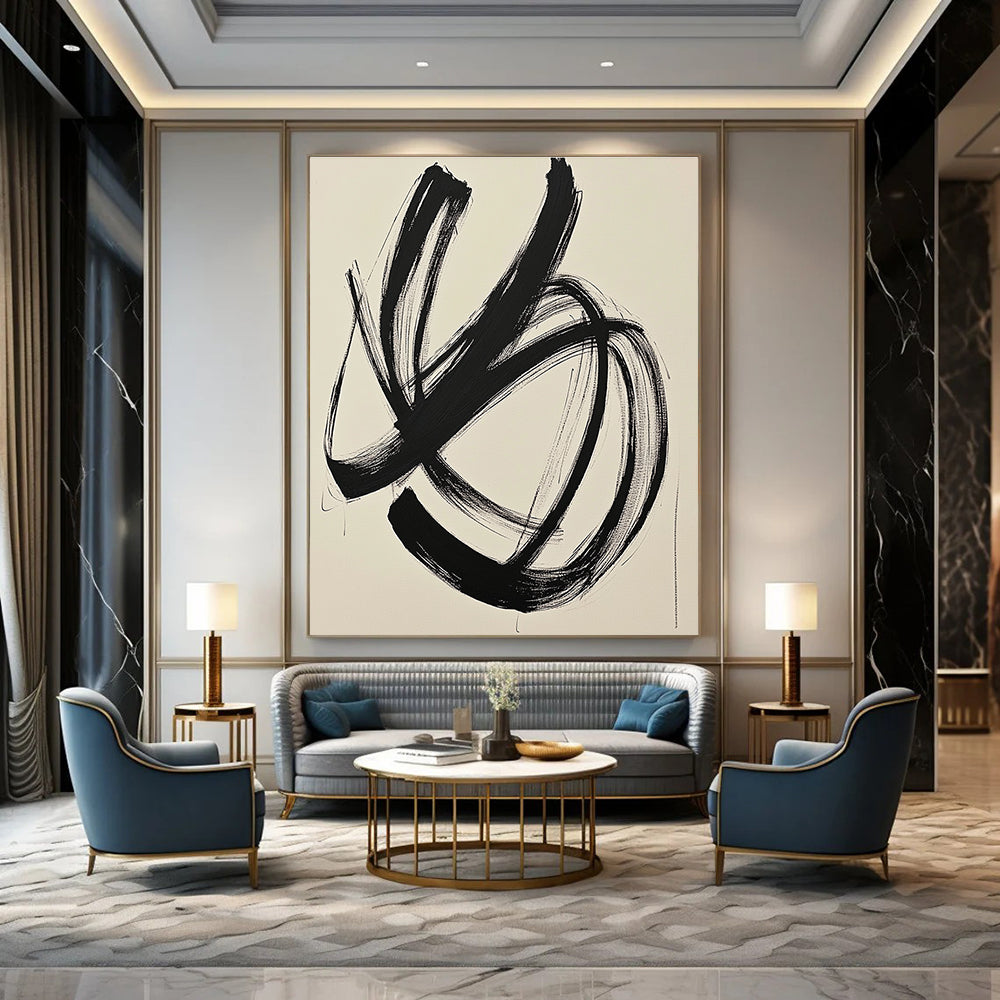 Large abstract drawing of black lines on white paper depicting an ink cloud style with a black square enhancing the minimalist energy.STSC549