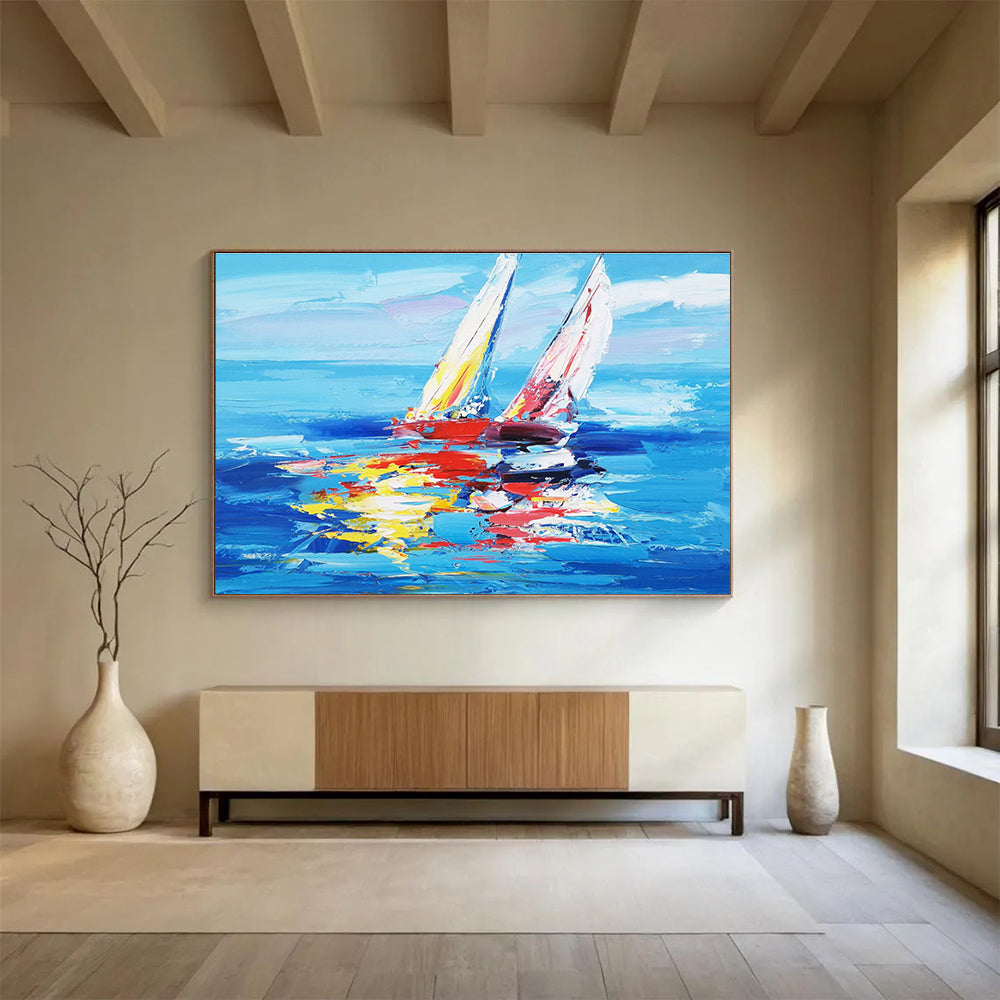 Colorful Sailboats Abstract Painting with Bold Blue and Vibrant Reflections THY268