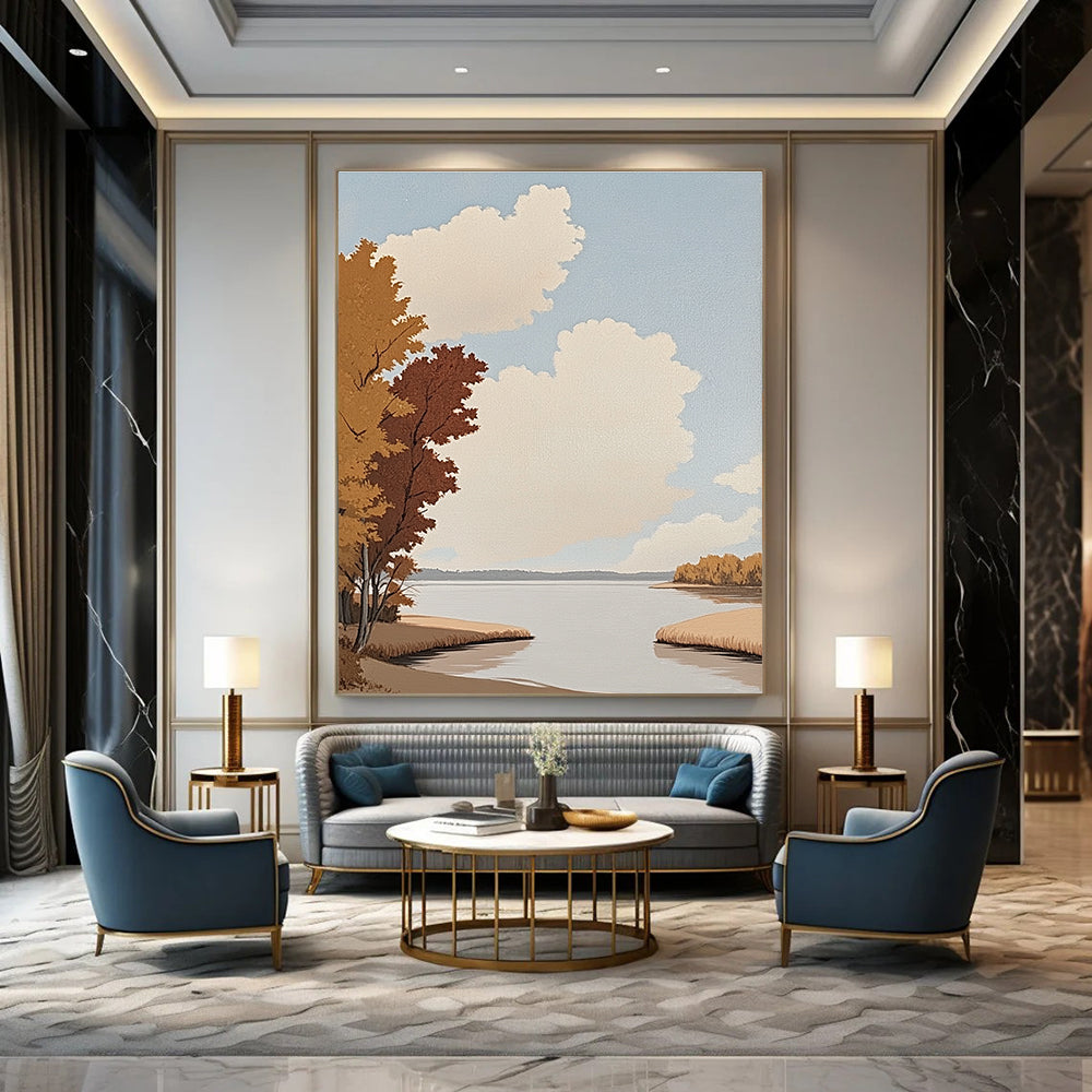 Abstract painting of a riverbank with trees autumn red leaves and a vast lake minimalistic oil style flat illustrations.STSC1020