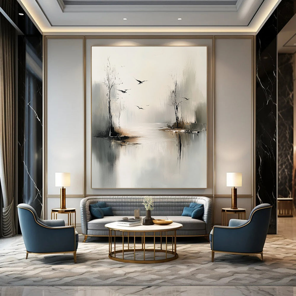 Large abstract painting of trees and birds over water in gray tones with a minimalist style and dreamy mood.STSC351