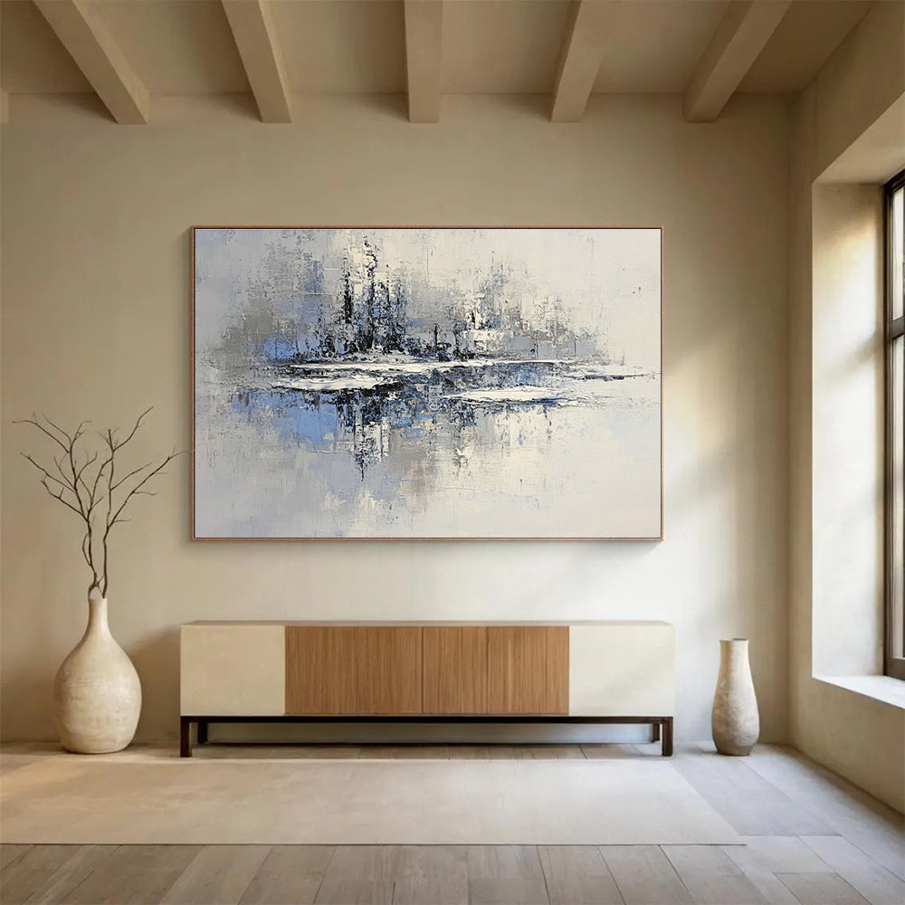 Large abstract painting of an icy lake with floating islands in muted gray and blue tones featuring textured brush strokes and serene winter lighting.SC158