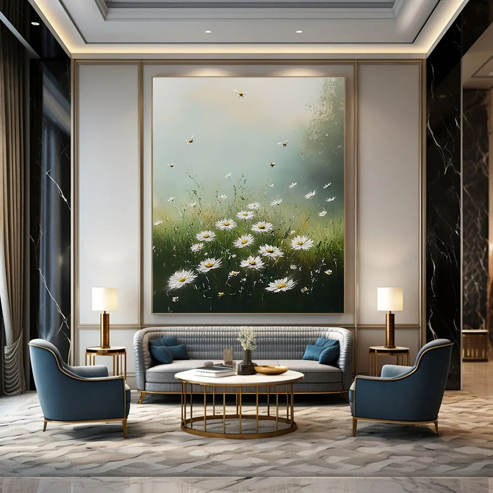 Large Abstract Painting of Wild Daisies in a Meadow Under Soft Morning Light with Bees and Fluffy Clouds Creating a Serene Atmosphere.STSC1176
