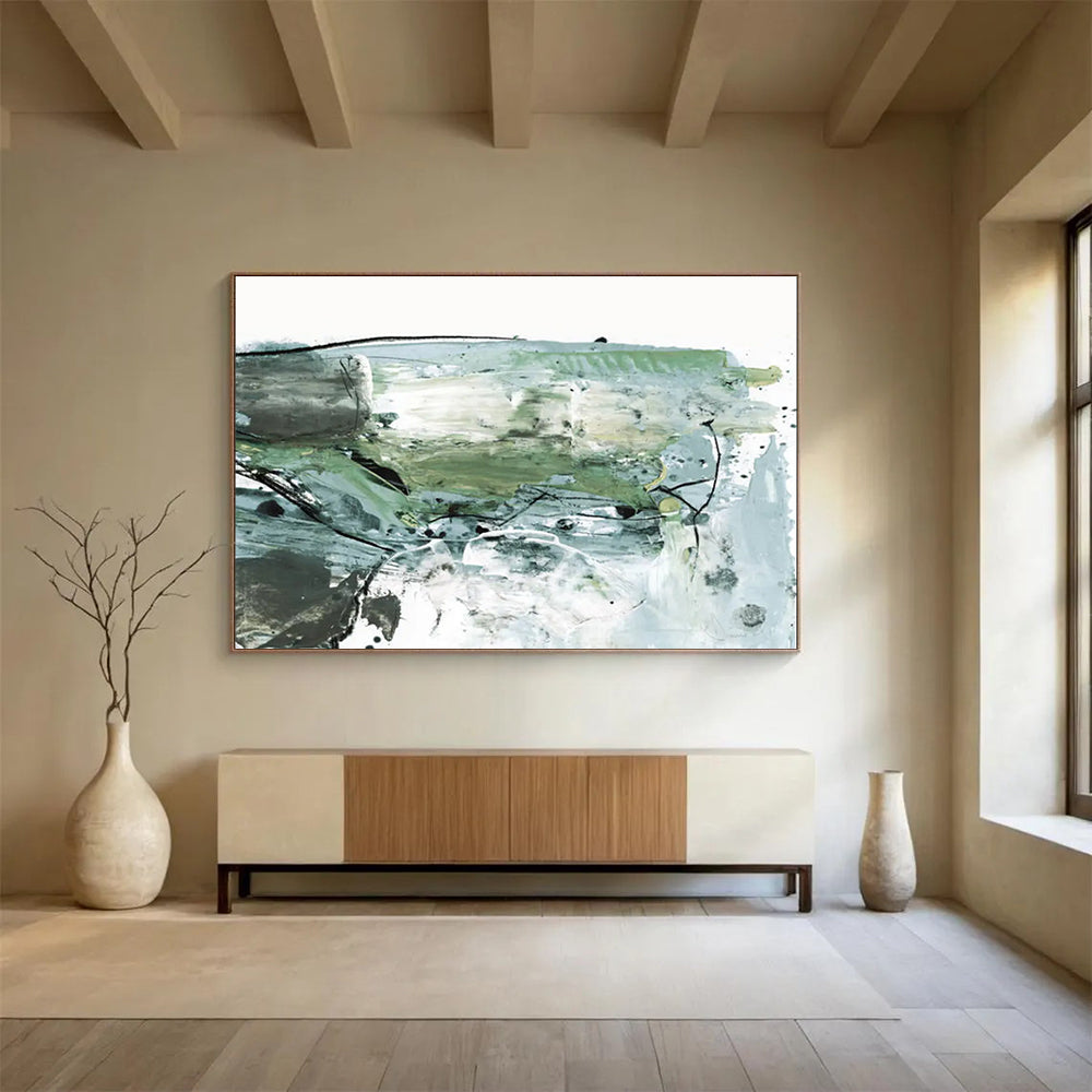 Green and Grey Abstract Painting with Textured Brushstrokes THY139