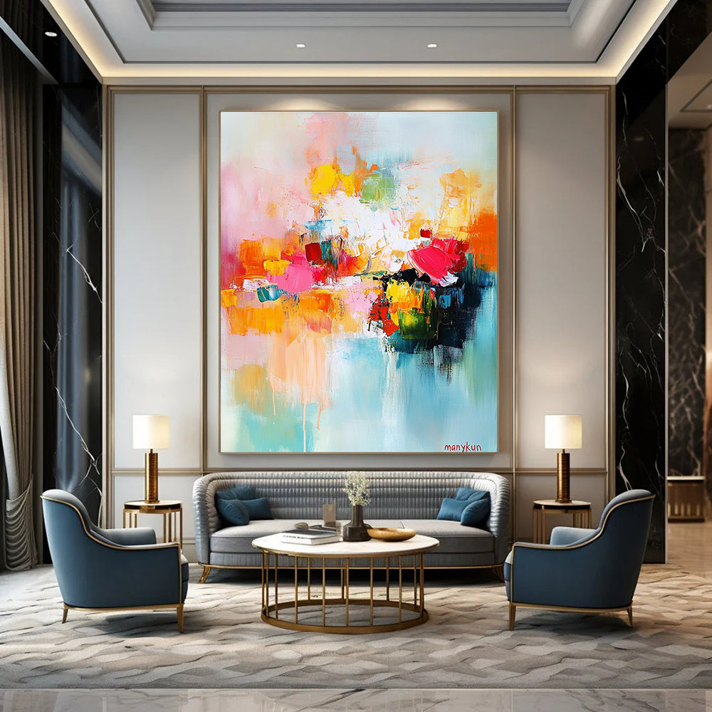 Large abstract painting in bright colors featuring harmonious shapes and soft edges with central text manykun suggesting a serene garden atmosphere.STSC414
