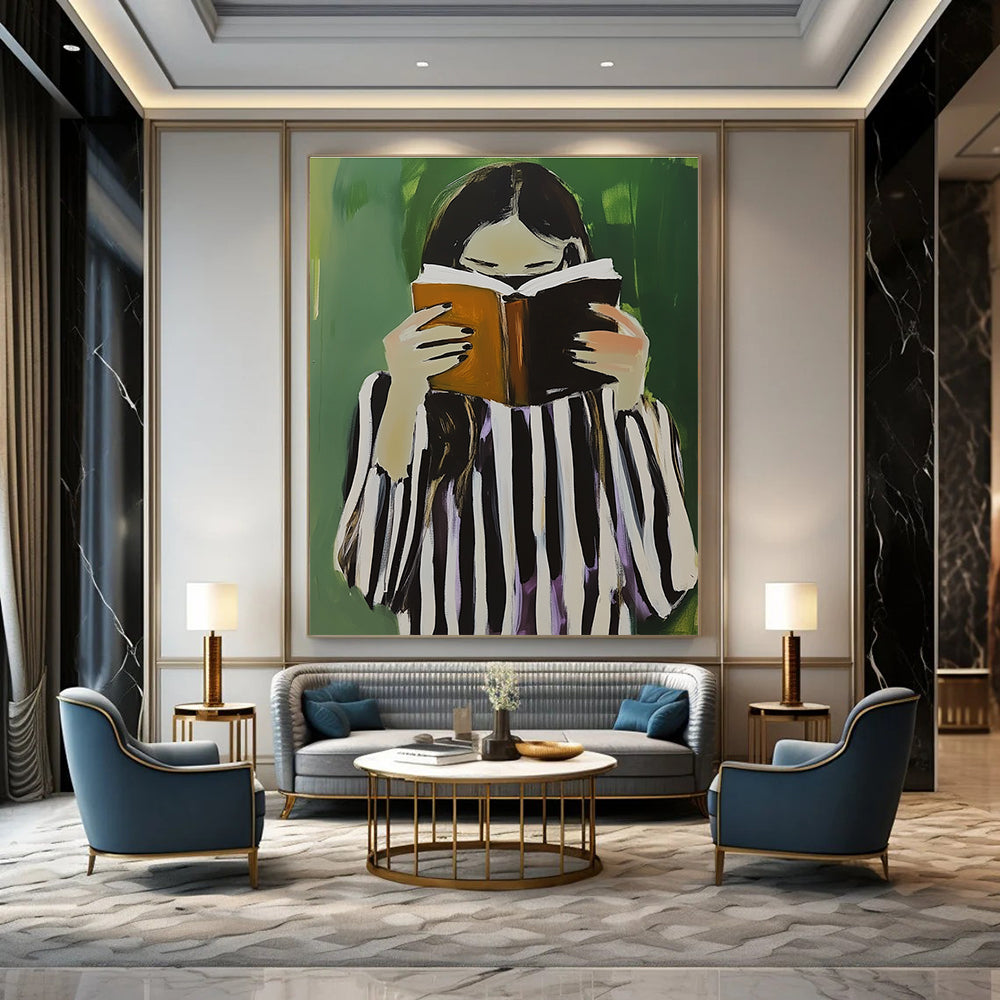 A large abstract painting featuring a woman in black and white stripes holding a book and coffee against a green background.STSC1258