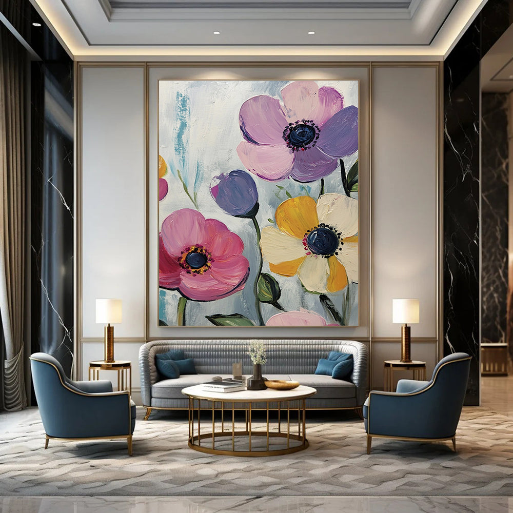 Large abstract painting features pink purple yellow flowers on a white background with blue-green and light gray brushstrokes in acrylic style.STSC999