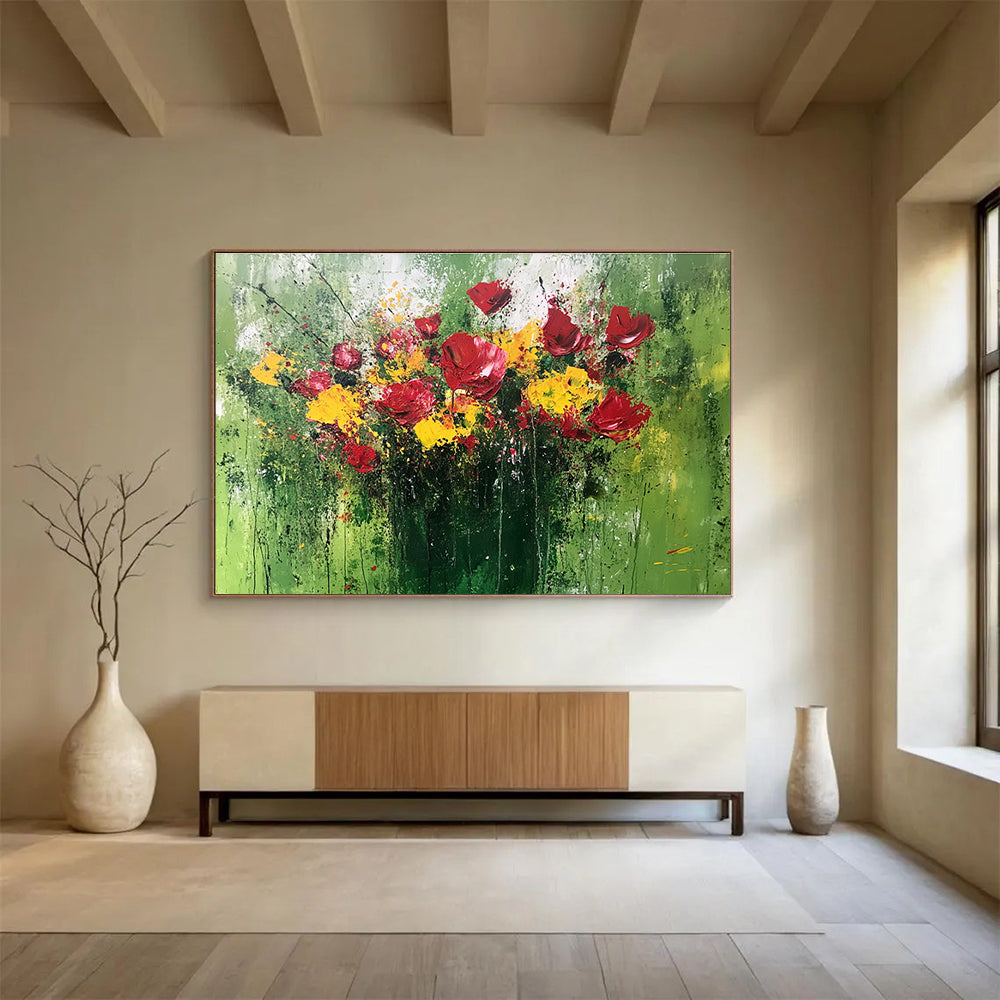 Large abstract painting featuring a vibrant bouquet in red and yellow with thick textured paint and expressive brushstrokes on a green background.SC479