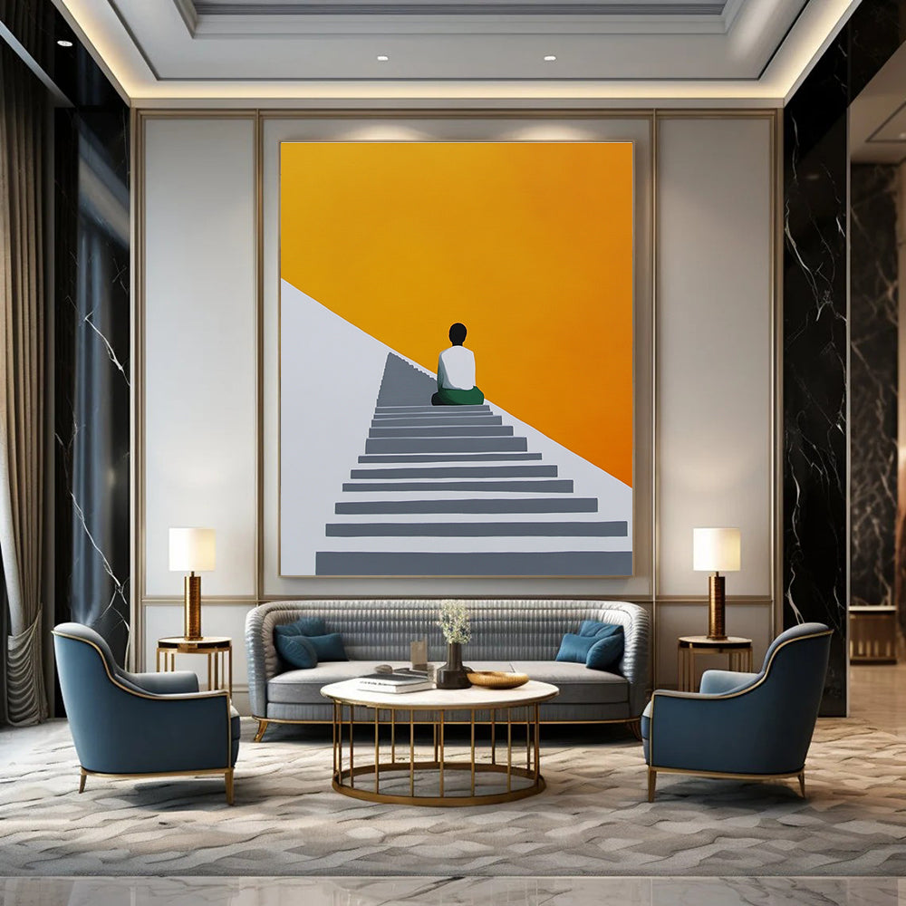 An abstract painting featuring a figure on stairs with a grey white and orange palette against a yellow background in a minimalist geometric style.STSC1155