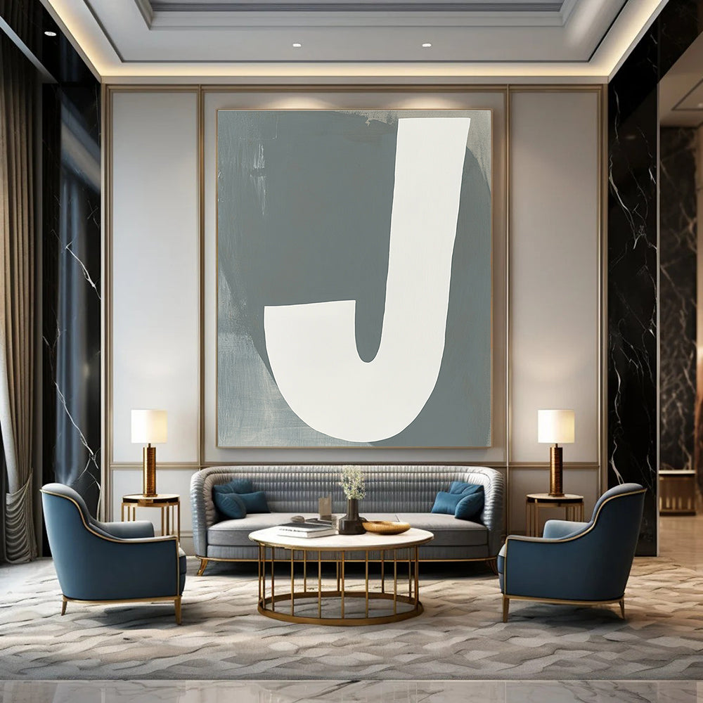 Large abstract painting featuring white and gray tones resembling a J with a neutral background promoting calmness and modern elegance.STSC1113