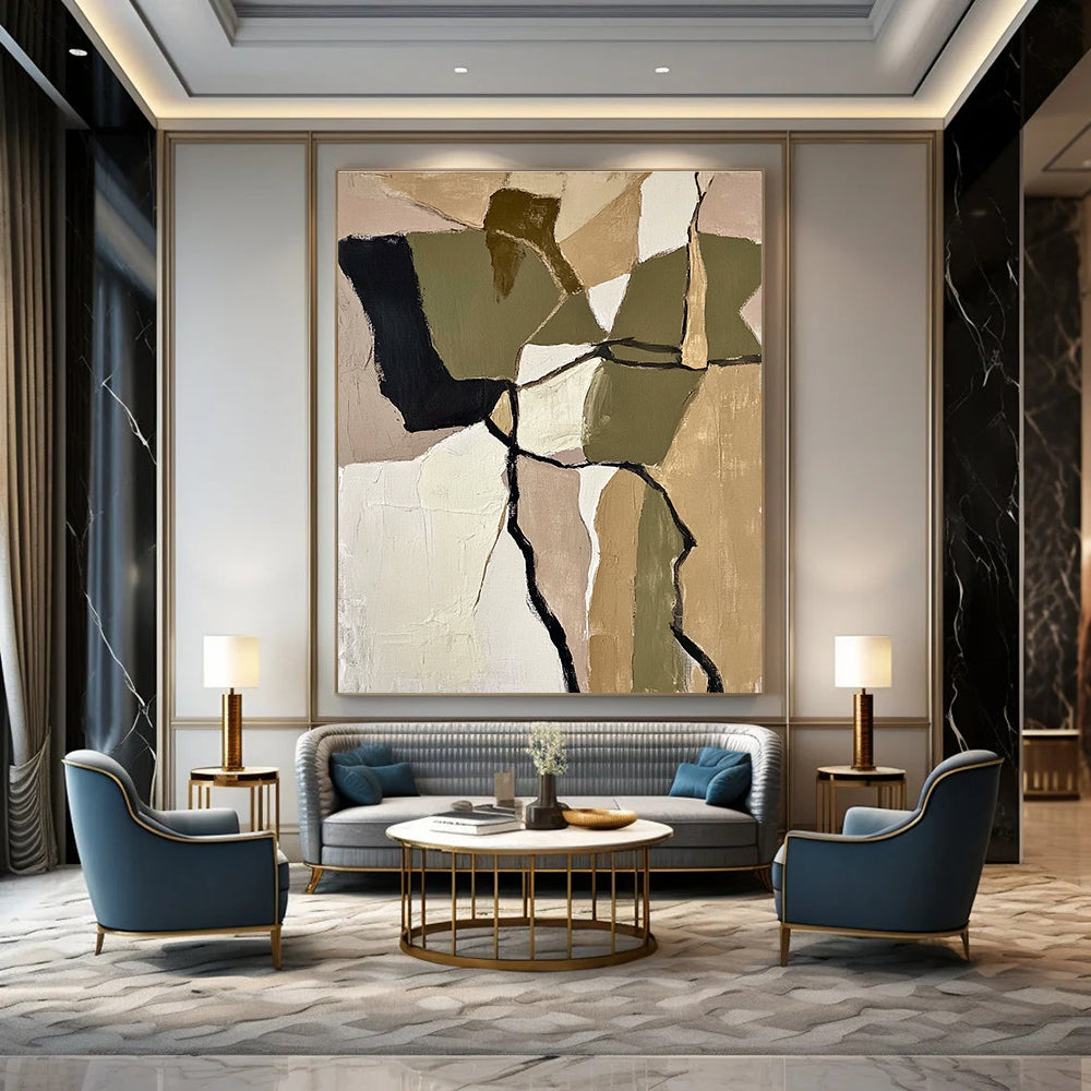 Large abstract painting featuring textured beige and olive green shapes inspired by Robert Motherwell evoking calmness through earthy tones and organic forms.STSC844