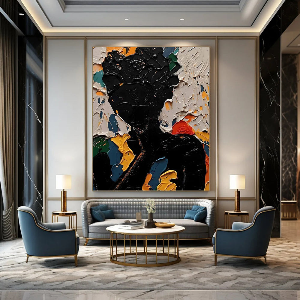 Black Figure Abstract Painting with Colorful Background Textures ADGE308