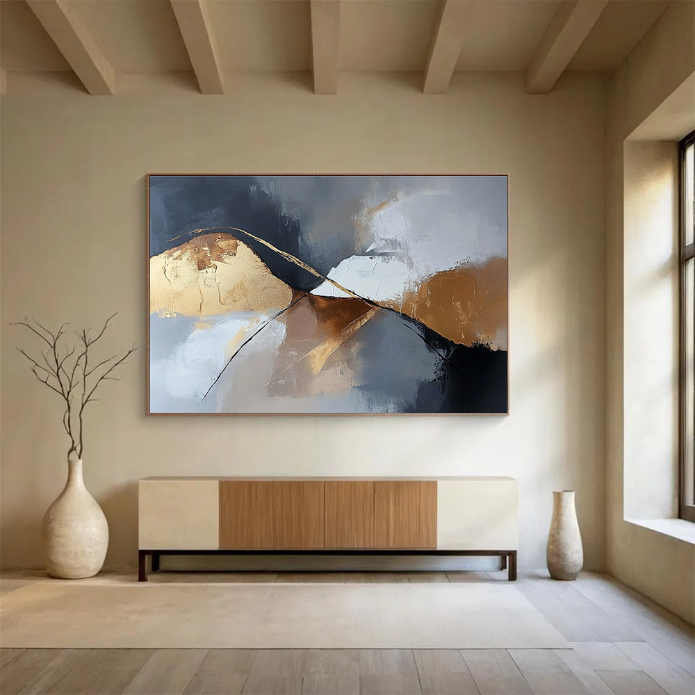 Gray Gold Abstract Landscape Painting with Abstract Mountains DYP485