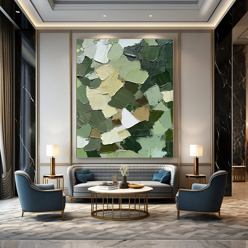 Large abstract painting showcasing intricate urban camouflage patterns in greens browns and whites with textured impasto brush strokes for depth and realism.STSC831