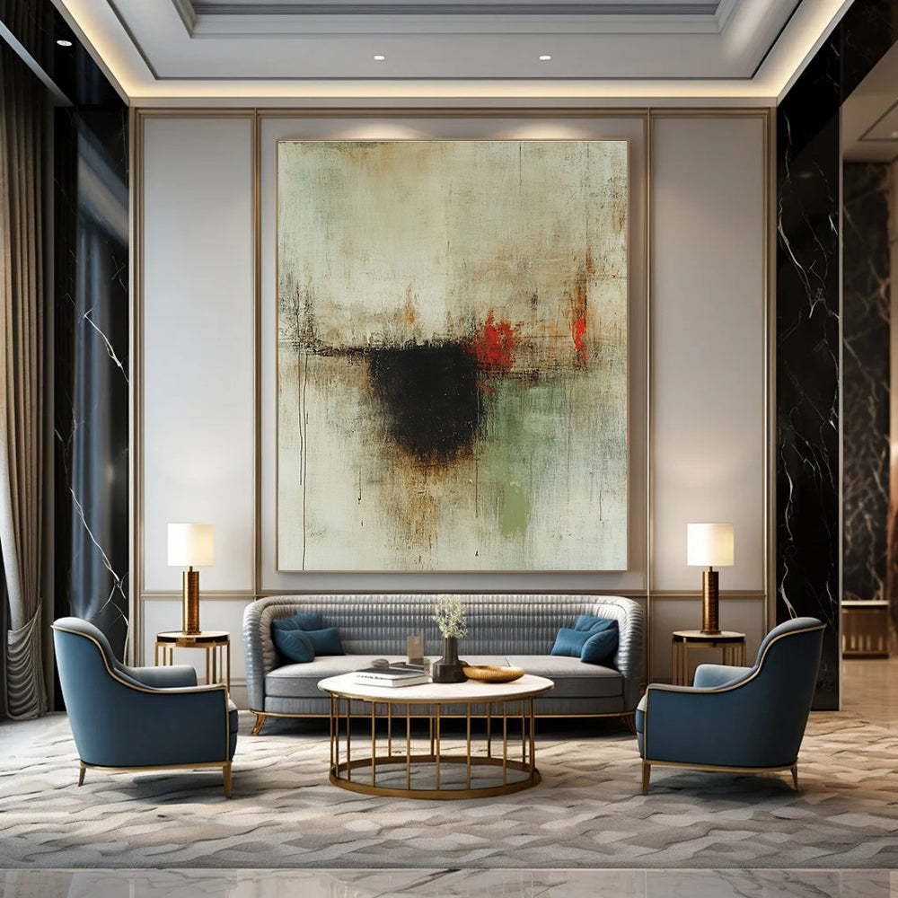Large abstract painting with faded neutral tones and subtle red accents featuring a central dark brown spot and hints of green and earthy colors.STSC610
