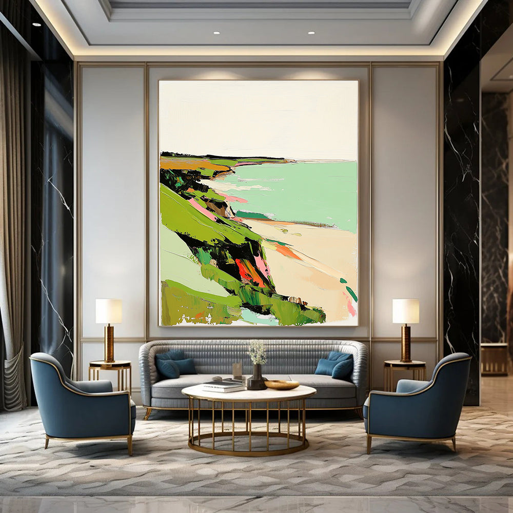 Abstract painting featuring green coastal landscape in muted tones with pink highlights textured with thick brush strokes on a white background.STSC1299