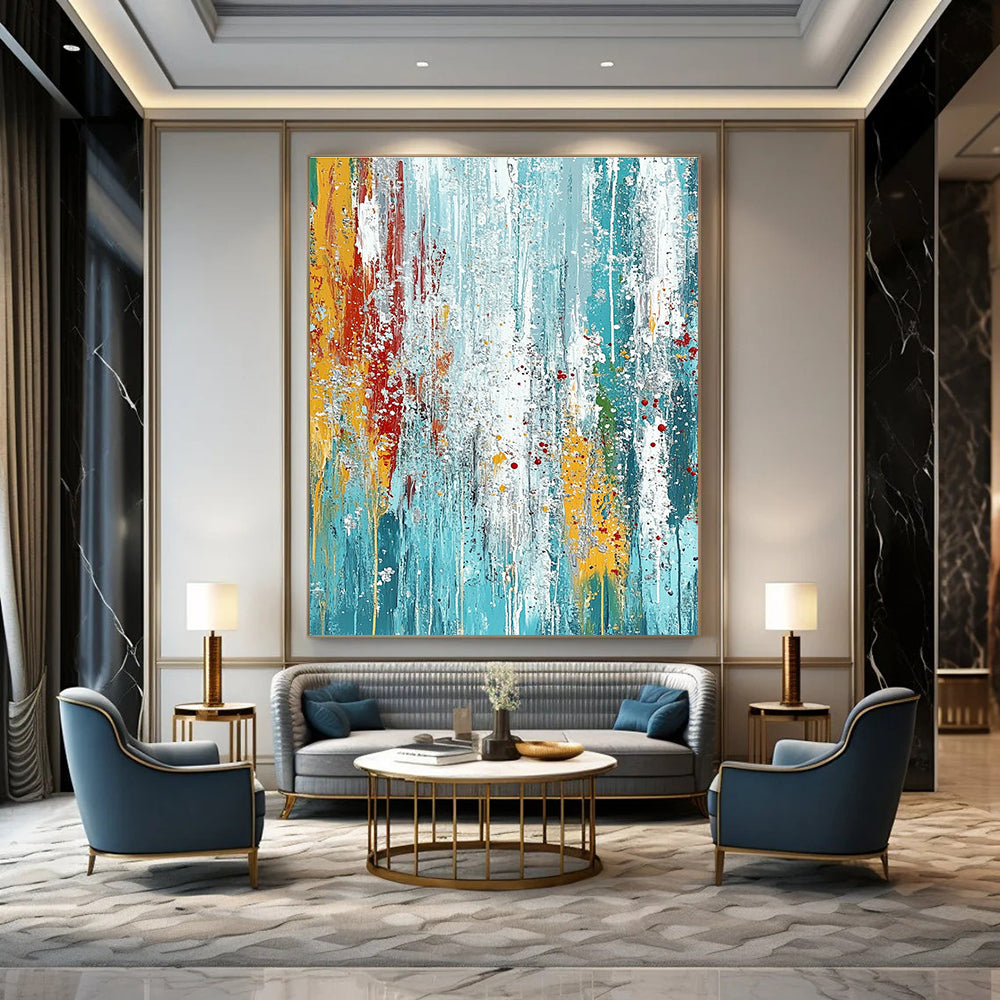 Large abstract painting on textured canvas featuring blue and teal hues with vibrant paint drips and dynamic brush strokes for an energetic feel.STSC719