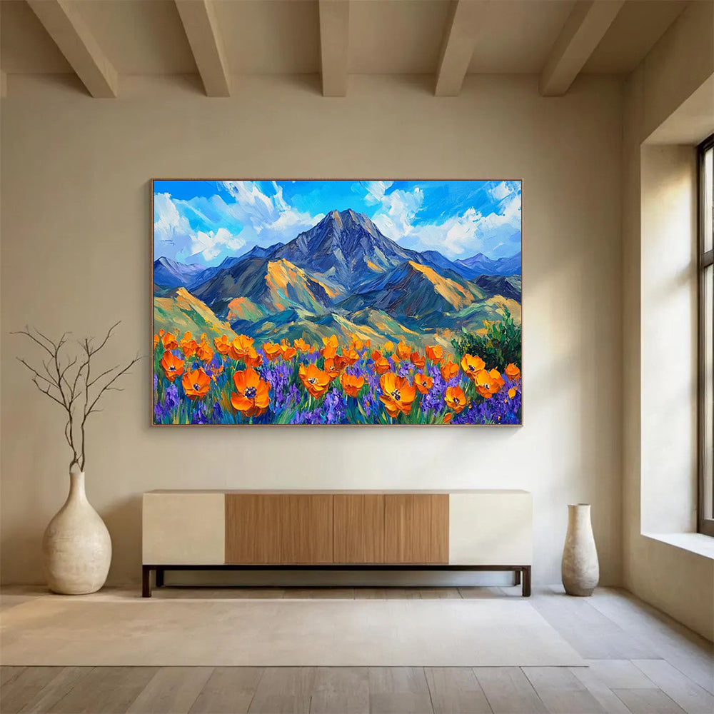 Mountain Poppy Field Abstract Painting with Bold, Cheerful Tones THY419