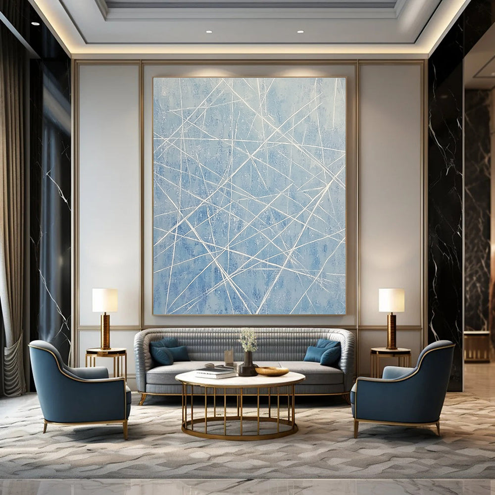 Large abstract painting of light blue and white lines resembling an icy landscape with vertical lines and frozen icicle-like formations.STSC316