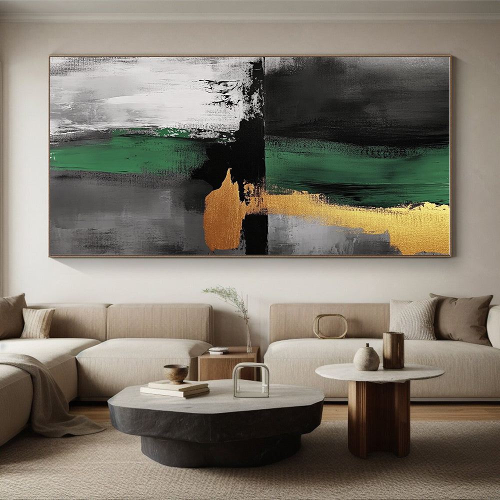 Green Gold and Gray Abstract Painting with Bold Strokes GER550
