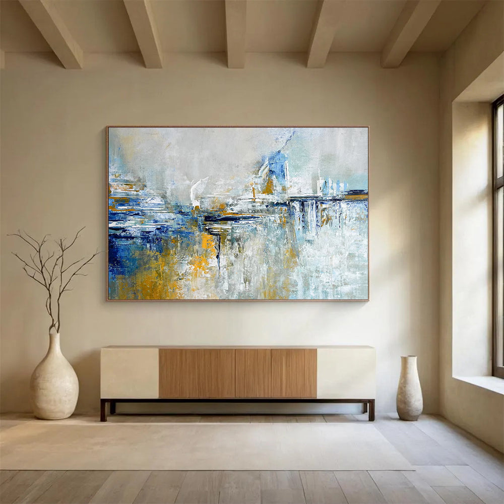 Cityscape Abstract Painting with Blue, Gray, and Gold THY347